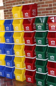 Busch Systems Multi-Recycler bins are conveniently stackable and come in a variety of colors - Red, Yellow, Green, & Blue. 