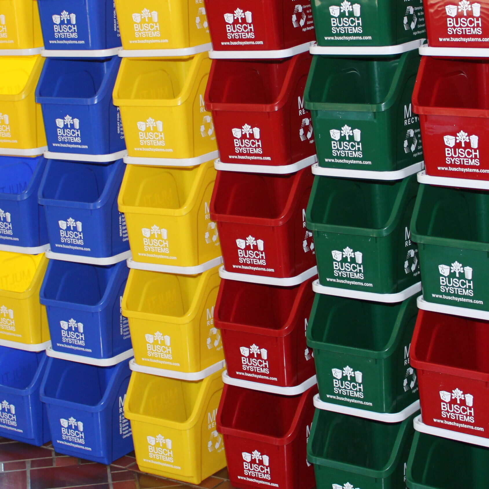Busch Systems Multi-Recycler bins are conveniently stackable and come in a variety of colors - Red, Yellow, Green, & Blue. 